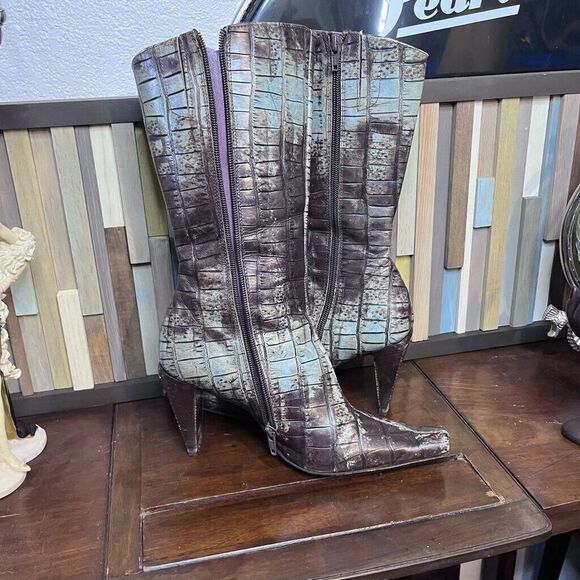 Vintage Shy boots square heel green reptile leather made in Italy sz 37.5 eu 7us - Picture 1 of 12